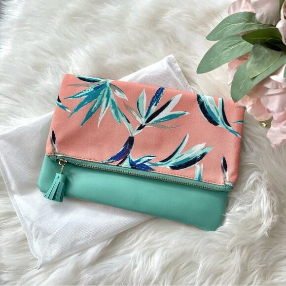 New Rachel Pally Tropical Reversible Pink & Teal Clutch Bag - Picture 1 of 9
